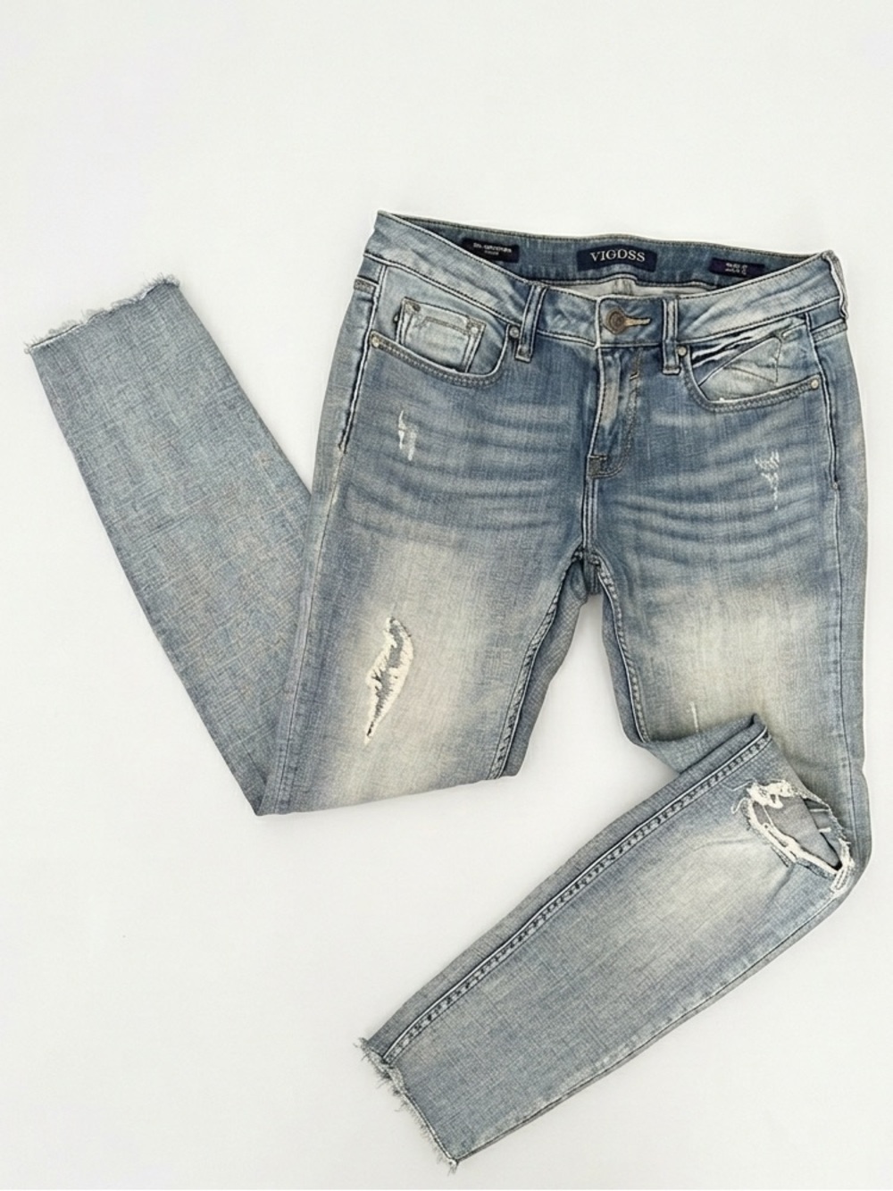EUC Women’s Vigoss Distressed Light Blue Premium Denim Skinny Jeans Raw Hem 28 - Picture 2 of 14
